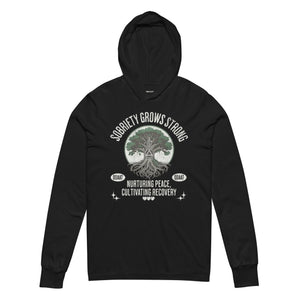 Recovery Roots Hooded Long Sleeve Tee – Sobriety Grows Strong - Black / XS | Sobervation