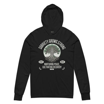 Recovery Roots Hooded Long Sleeve Tee – Sobriety Grows Strong - Black / XS | Sobervation