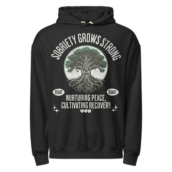Recovery Roots Tree Hoodie | Sobriety Grows Strong Garment-Dyed Sweatshirt - Black / S | Sobervation