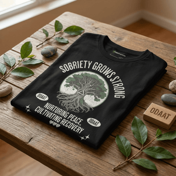 Recovery Roots Unisex Essential Tee - Grounded & Growing Sobriety Shirt - Black Graphic Print T Shirt - Sobervation