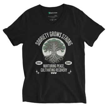 Recovery Roots Unisex V-Neck Tee – Sobriety Grows Strong - Black / S | Sobervation
