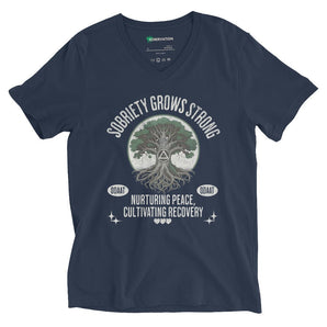 Recovery Roots Unisex V-Neck Tee – Sobriety Grows Strong - Navy / S | Sobervation