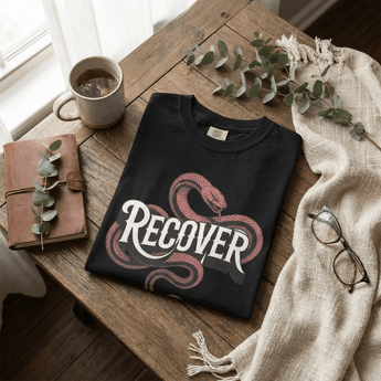 Recovery Snake - Transformation & Rebirth Heavyweight Tee - Black Heavyweight Graphic Print Tee - Sobervation