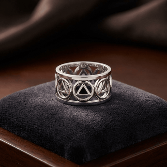 Recovery Triangle Sterling Silver Band Ring – Stone Inlay Sobriety Ring TRI2400 - Synthetic Black Onyx Ring - Sobervation