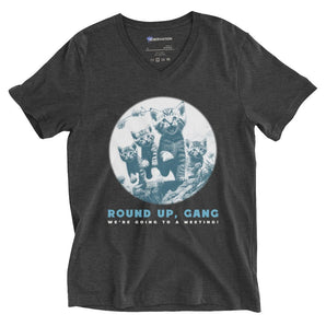 Round-Up Gang Cats “Meeting Time” V-Neck Tee – Feline Fine in Recovery - Dark Grey Heather / S | Sobervation