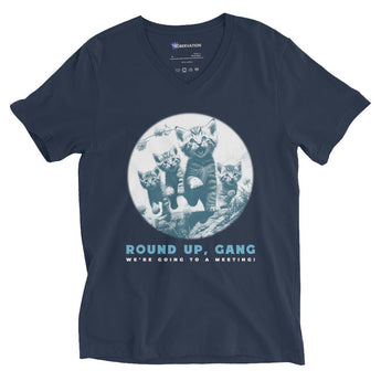 Round-Up Gang Cats “Meeting Time” V-Neck Tee – Feline Fine in Recovery - Navy / S | Sobervation