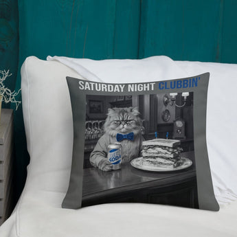 Saturday Night Clubbin' - Cat In A Bar Eating A Club Sandwich Premium Pillow - Premium Pillow - Sobervation