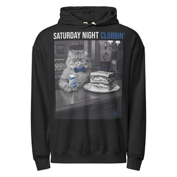 Saturday Night Clubbin' - Cat In A Bar Eating A Club Sandwich Unisex garment-dyed lightweight hoodie - Black / S | Sobervation