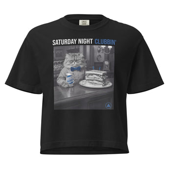 Saturday Night Clubbin' - Cat In A Bar Eating A Club Sandwich Women’s heavyweight boxy tee - Black / S | Sobervation