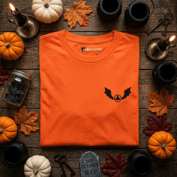 Scary Sober Night Essential Unisex Tee – Embroidered Front & Printed Back -Orange Embroidered T Shirt - Sobervation
