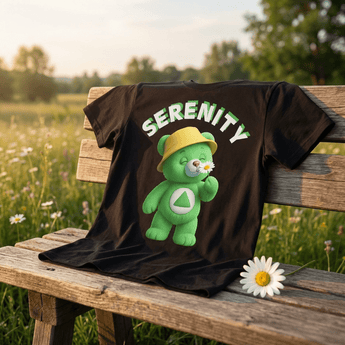 Serenity Cub Essential Tee – Green Edition (Stop and Smell the Growth) - Black Graphic Print T Shirt - Sobervation