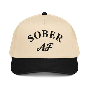 Sober AF 5-Panel Mid-Profile Baseball Cap – Embroidered Statement Recovery Hat - Black/Natural | Sobervation