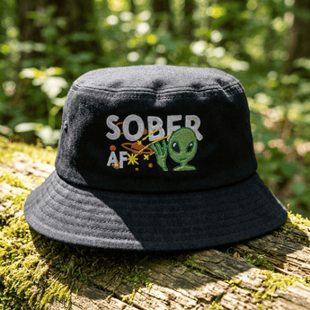 Sober AF Alien Embroidered Bucket Hat – Galactic Sobriety - Black Bucket Hat - Sobervation