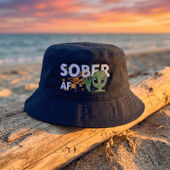 Sober AF Alien Embroidered Bucket Hat – Galactic Sobriety - Navy Bucket Hat - Sobervation