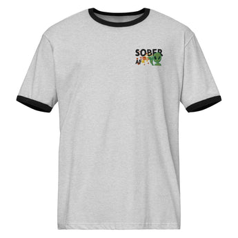 Sober AF Alien | Embroidered Unisex Ringer Tee - Heather Gray / Black / S | Sobervation