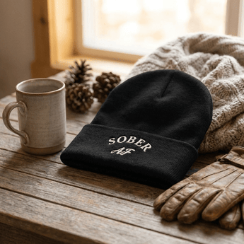 Sober AF Cuffed Beanie – Bold Recovery Beanie - Black Cuffed Beanie - Sobervation