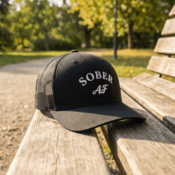Sober AF Trucker Hat – Bold Sobriety Recovery Cap - Black Retro Trucker Hat - Sobervation