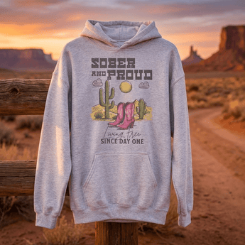 SOBER AND PROUD – Western Desert Hoodie (Unisex) - Ash / S | Sobervation