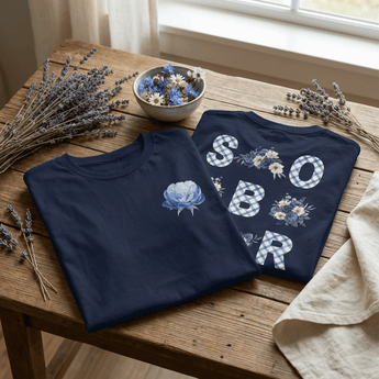 SOBER Blue Gingham Floral Back Print Essential Tee | Rose Detail Recovery T-Shirt | Sobervation - Navy Graphic Print T Shirt - Sobervation