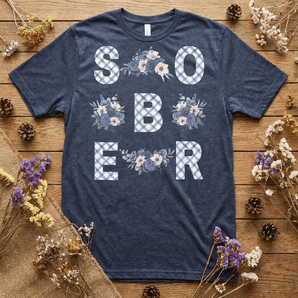 SOBER Blue Gingham Floral Essential Tee | Front Print Recovery T-Shirt | Sobervation - Heather Navy Graphic Print T Shirt - Sobervation