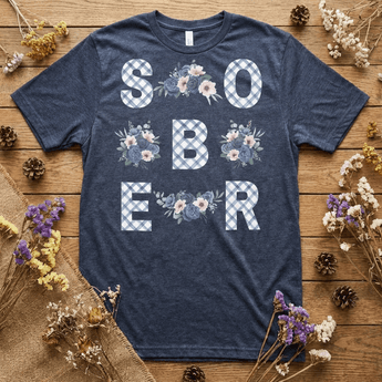 SOBER Blue Gingham Floral Essential Tee | Front Print Recovery T-Shirt | Sobervation - Heather Navy Graphic Print T Shirt - Sobervation