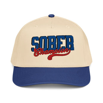 Sober Champion 5-Panel Baseball Cap – 3D Puff Embroidery - Royal/Natural | Sobervation