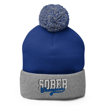 Sober Champion Embroidered Pom-Pom Beanie – One Day at a Time - Royal/ Heather Grey | Sobervation