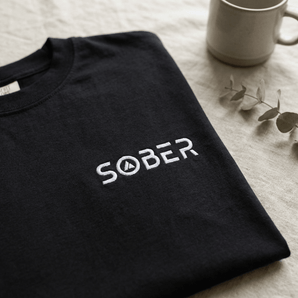 Sober Embroidered Unisex Garment - Dyed Heavyweight T-Shirt - Black Heavyweight Embroidered Tee - Sobervation