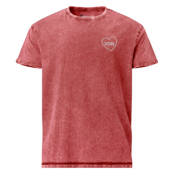 Sober in a Heart Embroidered Denim T-Shirt | Recovery Apparel - Garnet Red / M | Sobervation