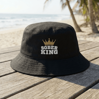 Sober King Embroidered Bucket Hat – Recovery Crown - Black Bucket Hat - Sobervation