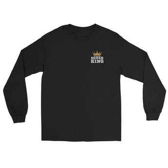 Sober King Embroidered Men's Long Sleeve Shirt | Premium Recovery Apparel - Black / S | Sobervation