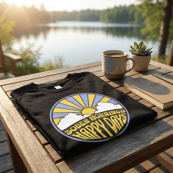 Sober Mornings, Happy Days - Graphic T-Shirt | Recovery Apparel - Black Heather / S | Sobervation
