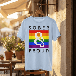 Sober & Proud Essential Tee | Rainbow Resilience Sobriety Pride T-Shirt | Sobervation - Light Blue Graphic Print T Shirt - Sobervation
