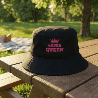 Sober Queen Embroidered Bucket Hat – Recovery Crown - Black Bucket Hat - Sobervation