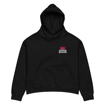 Sober Queen Embroidered Women's Relaxed Hoodie | Premium Recovery Apparel - Black / XS | Sobervation