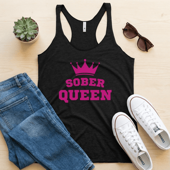 Sober Queen Racerback Tank - Women's Recovery Empowerment Apparel - Vintage Black Racerback Tank - Sobervation