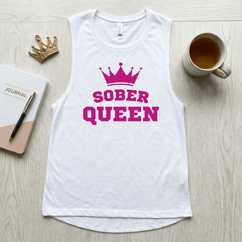 Sober Queen Women's Muscle Tank - Flowy Recovery Empowerment Apparel - White / S | Sobervation