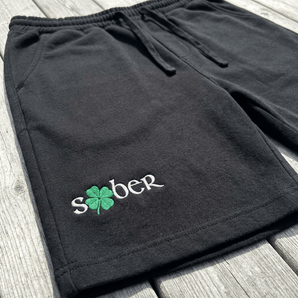 Sober Shamrock Embroidered Fleece Shorts | Men's - Black Men's Fleece Shorts - Sobervation