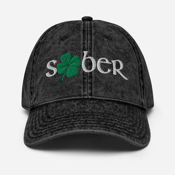 Sober Shamrock Embroidered Vintage Twill Cap | St. Patrick's Day - Black | Sobervation