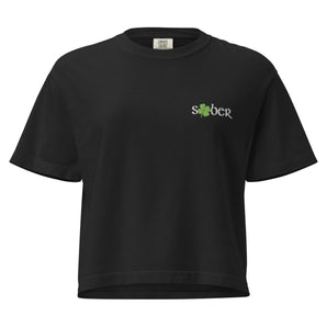 Sober Shamrock Embroidered Women's Heavyweight Boxy Tee – Comfort Colors - Black / S | Sobervation