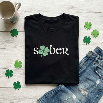 Sober Shamrock Essential Tee – Short - Sleeve Unisex T-Shirt - Black Graphic Print T Shirt - Sobervation
