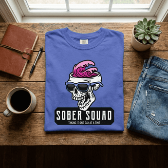 Sober Squad Heavyweight Tee - Skeleton Pink Wave Sunglasses Recovery Shirt - Flo Blue Heavyweight Graphic Print Tee - Sobervation