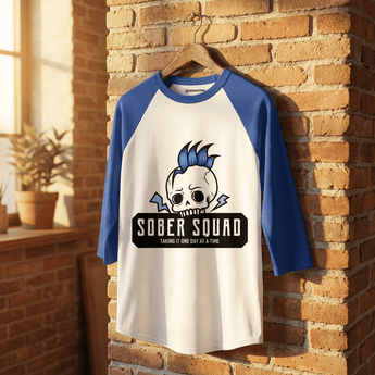 Sober Squad Skull Raglan Shirt – 3/4 Sleeve Baseball Tee - XS 3/4 Sleeve Raglan - Sobervation
