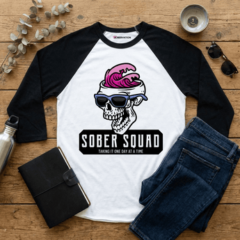 Sober Squad Skull Wave Raglan Shirt – 3/4 Sleeve Baseball Tee - White/Black / XS | Sobervation