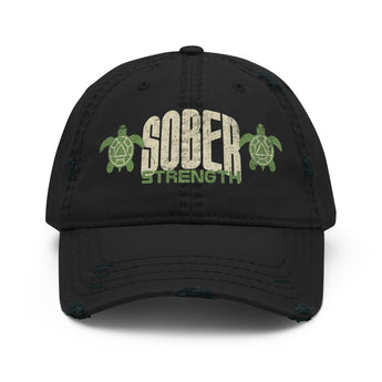 Sober Strength Distressed Dad Hat – Turtle Symbol Recovery Cap - Black | Sobervation
