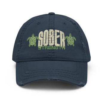 Sober Strength Distressed Dad Hat – Turtle Symbol Recovery Cap - Navy | Sobervation