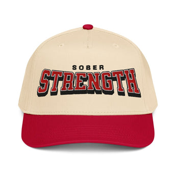 Sober Strength – Embroidered 5 Panel Baseball Cap - Red/Natural | Sobervation