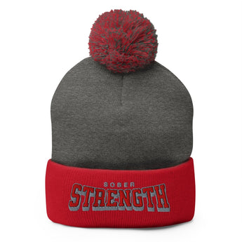 Sober Strength – Embroidered Pom-Pom Beanie - Dark Heather Grey/ Red | Sobervation