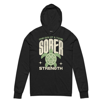 Sober Strength Turtle Hooded Long Sleeve Tee – Steady Recovery Style - Charcoal-Black Triblend / XS | Sobervation