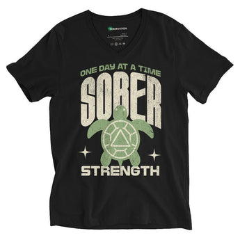 Sober Strength Turtle V-Neck Tee – One Day at a Time - Black / S | Sobervation